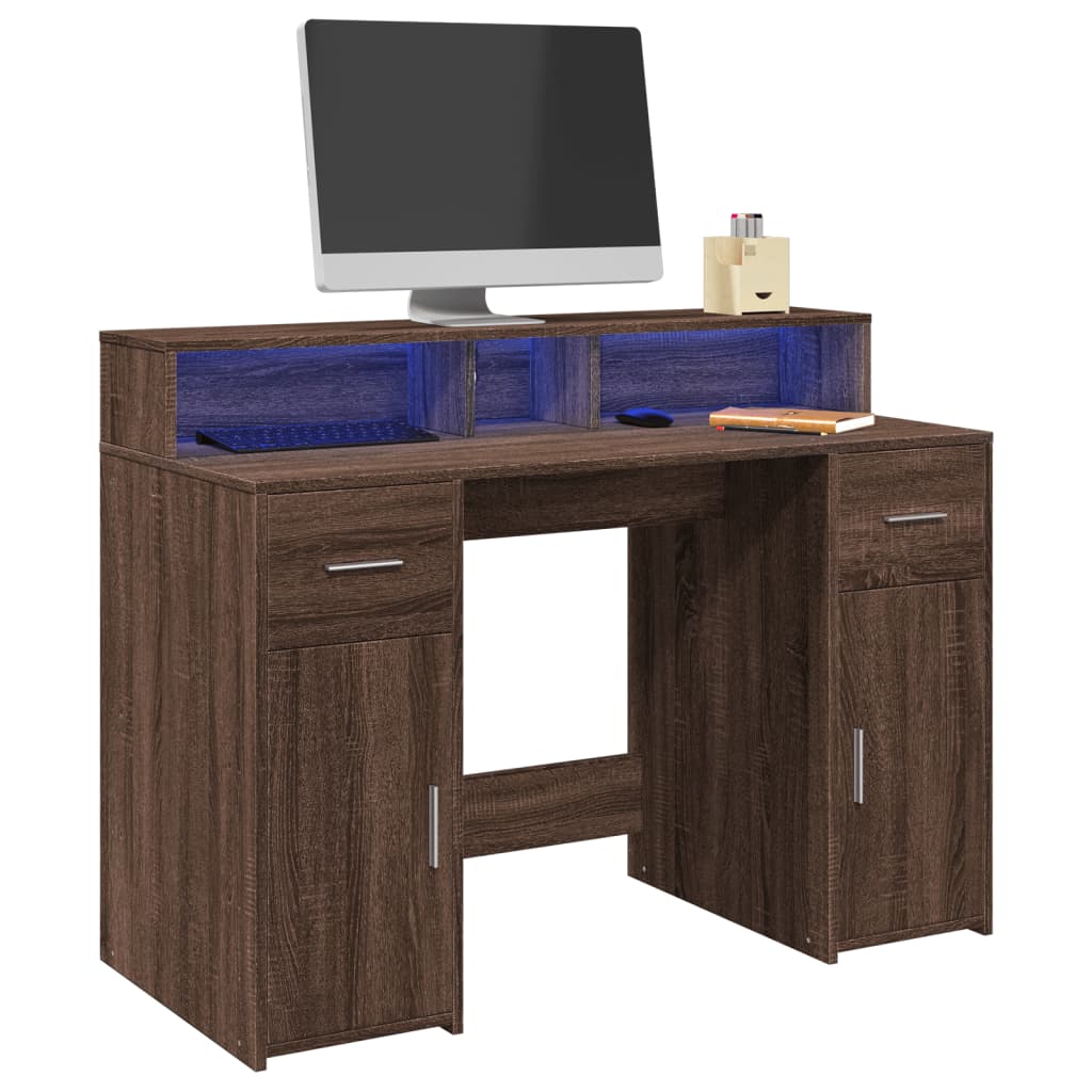 Bureautafel – Werkplektafel – Computertafel – Laptoptafel – Schrijftafel – Bruin Eiken – RGB LED Verlichting – 120x55x91 cm – Stevig Hout