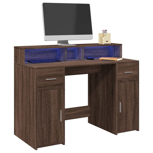 Bureautafel – Werkplektafel – Computertafel – Laptoptafel – Schrijftafel – Bruin Eiken – RGB LED Verlichting – 120x55x91 cm – Stevig Hout