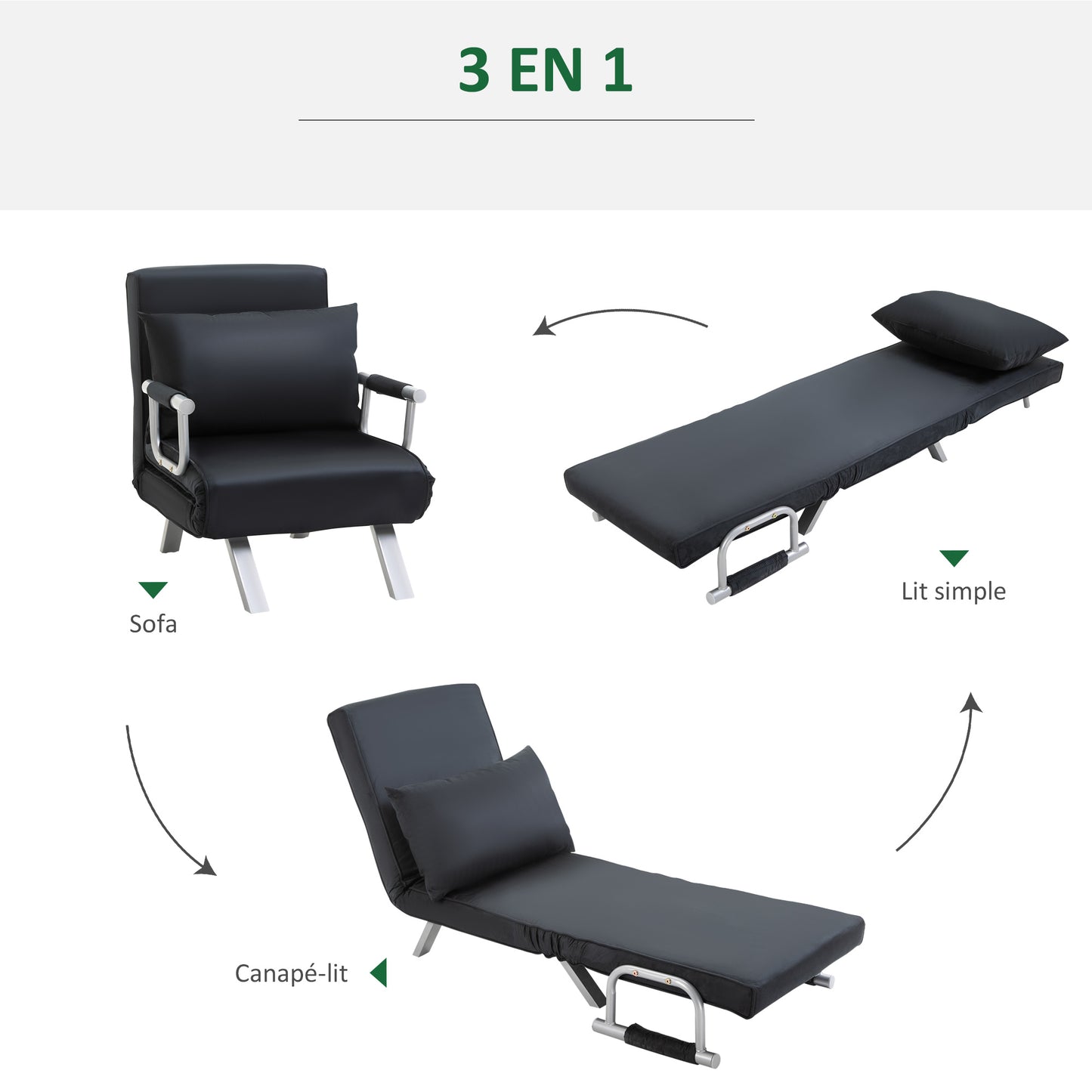 Bedbank – Slaapbank – Fauteuil – Logeerbed – Sofa – Verstelbare Rugleuning – Afneembare Voetensteun – Zwart Suède – Metaal