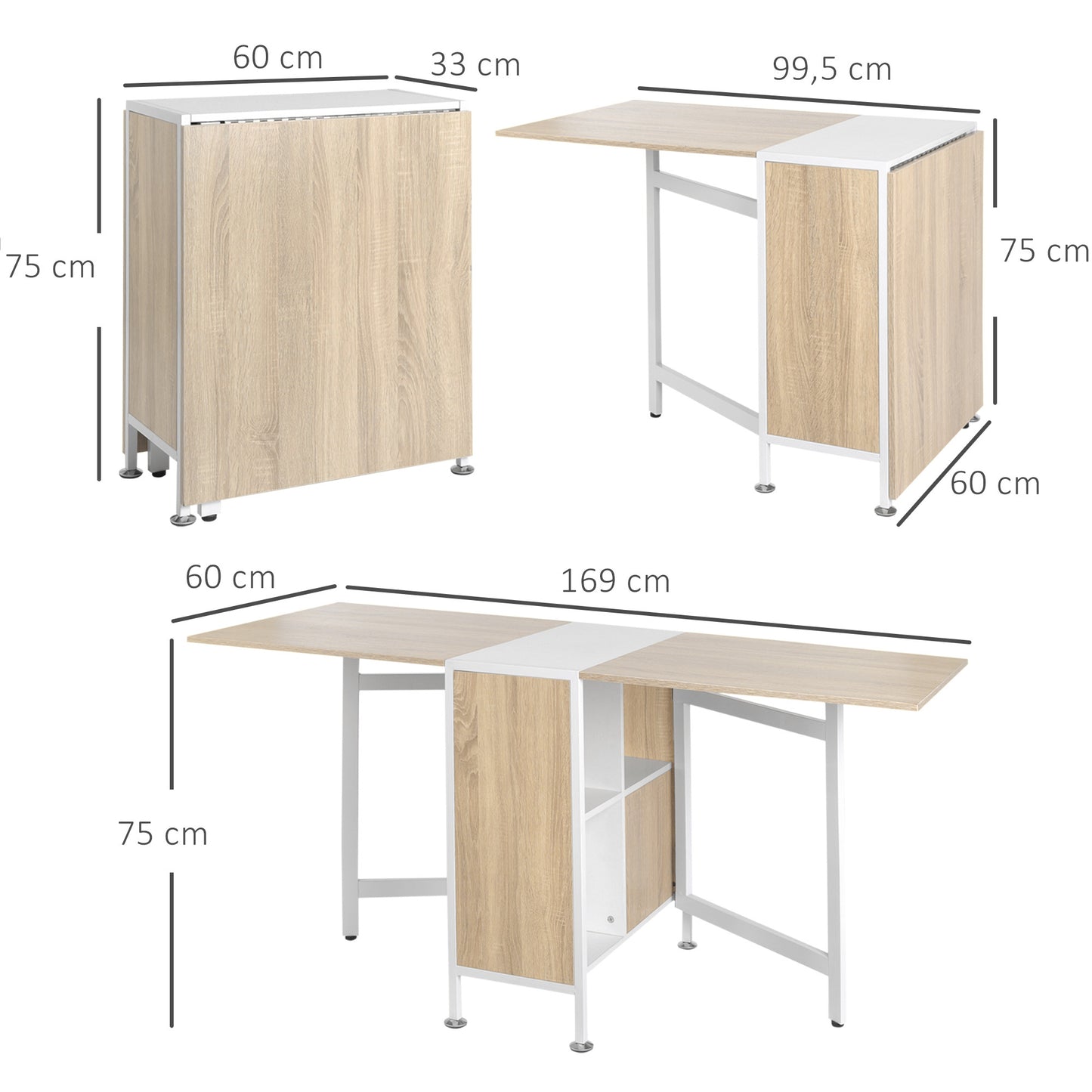 Uitschuifbare Eettafel – Inklapbare Tafel – Opklapbare Eettafel – Klaptafel – Keukentafel – Licht Eiken MDF – 4 Geïntegreerde Opbergniches – Ruimtebesparend Design