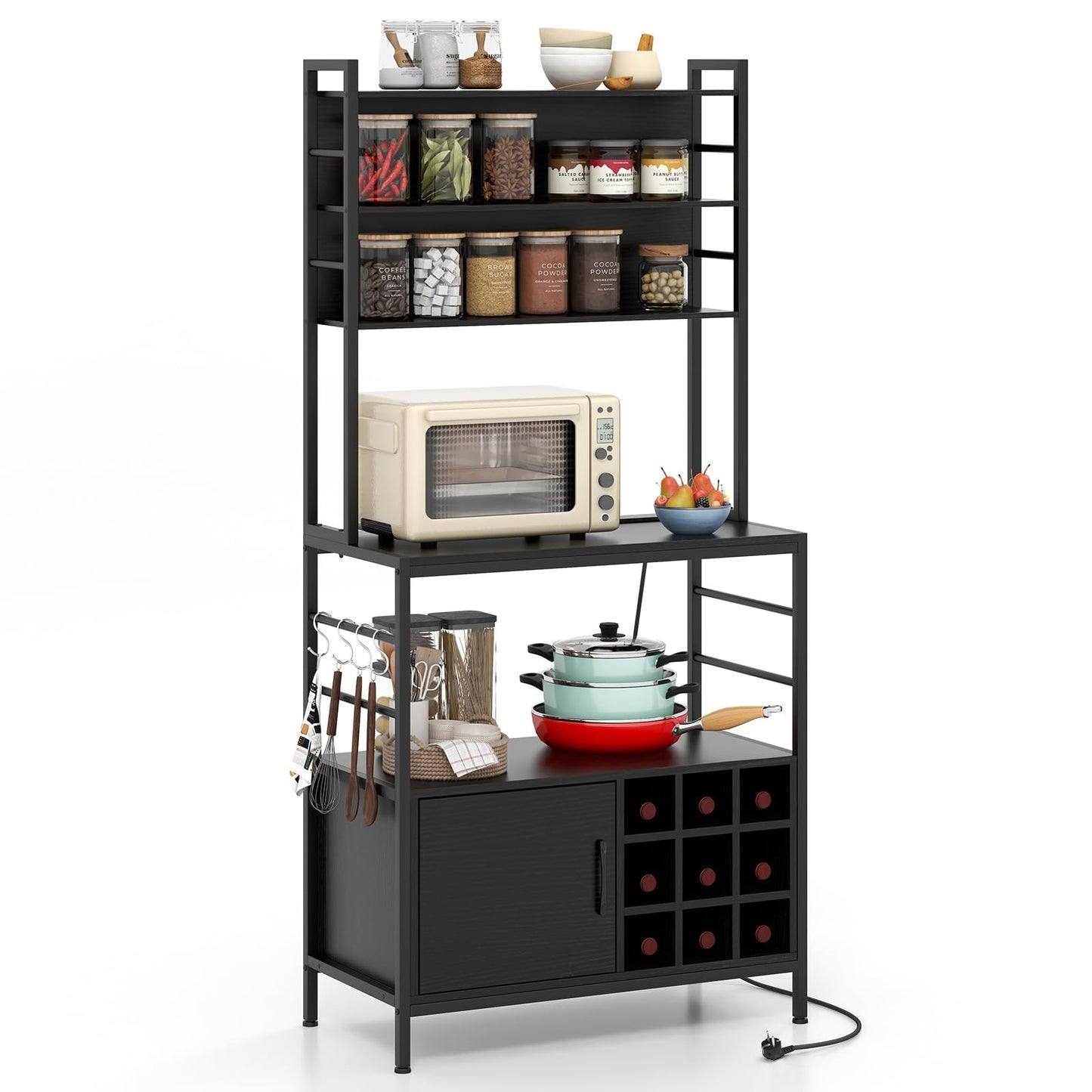 Keukenkast – Keukenrek – Wijnrek – Opbergkast – Baker’s Shelf – Ingebouwd Stopcontact & USB – Metalen Frame 80x40x170 cm Zwart