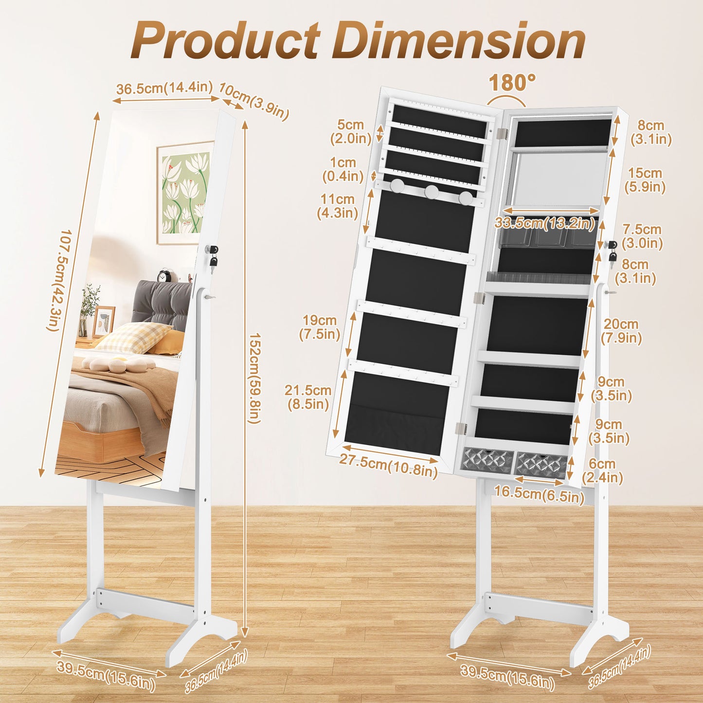 Make-up Organizer – Make-up Opberger – Make-up Box – Sieradenkasten – Beauty Organizer – Met Spiegel – Magnetische Sluiting Met Slot – 3,2+ Kubieke Voet – 68,5 cm Hoog – 2 Lades & Vakjes – Wit