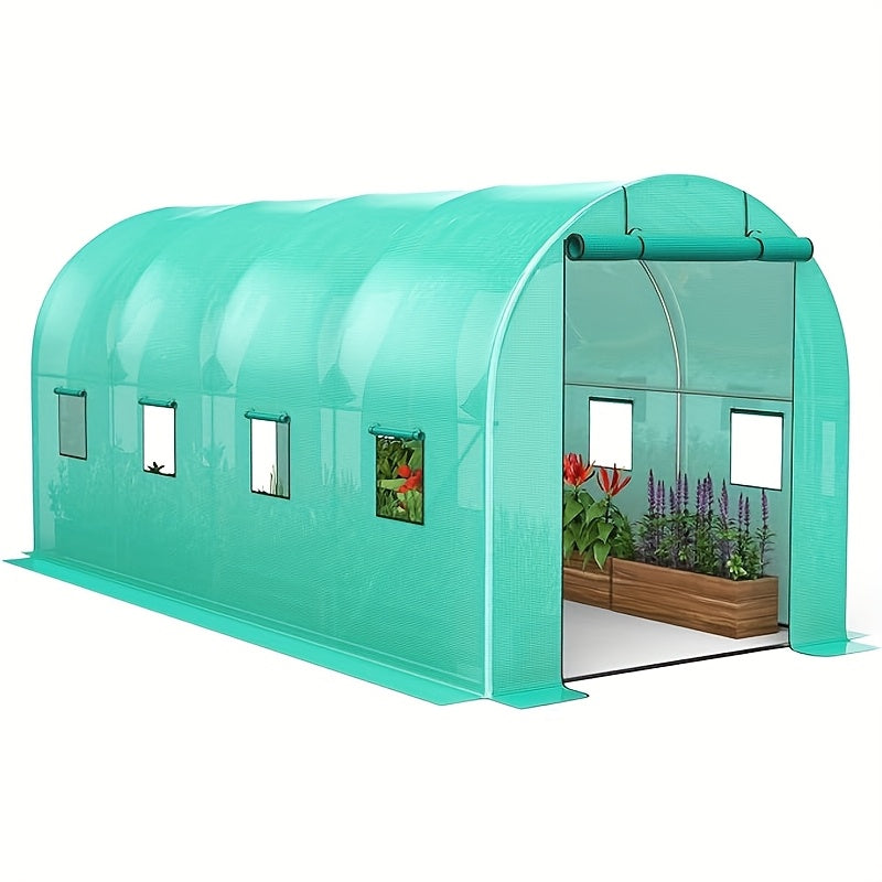 Heavy-Duty Greenhouse with Galvanized Steel Frame - Outdoor Plant Growing tunnel, 2 Doors & 6 Windows, Anchor Mesh Base for Stability, Transparent Panels for Natural Light - Ideal for Home, Commercial, or Educational Gardens - QUORE