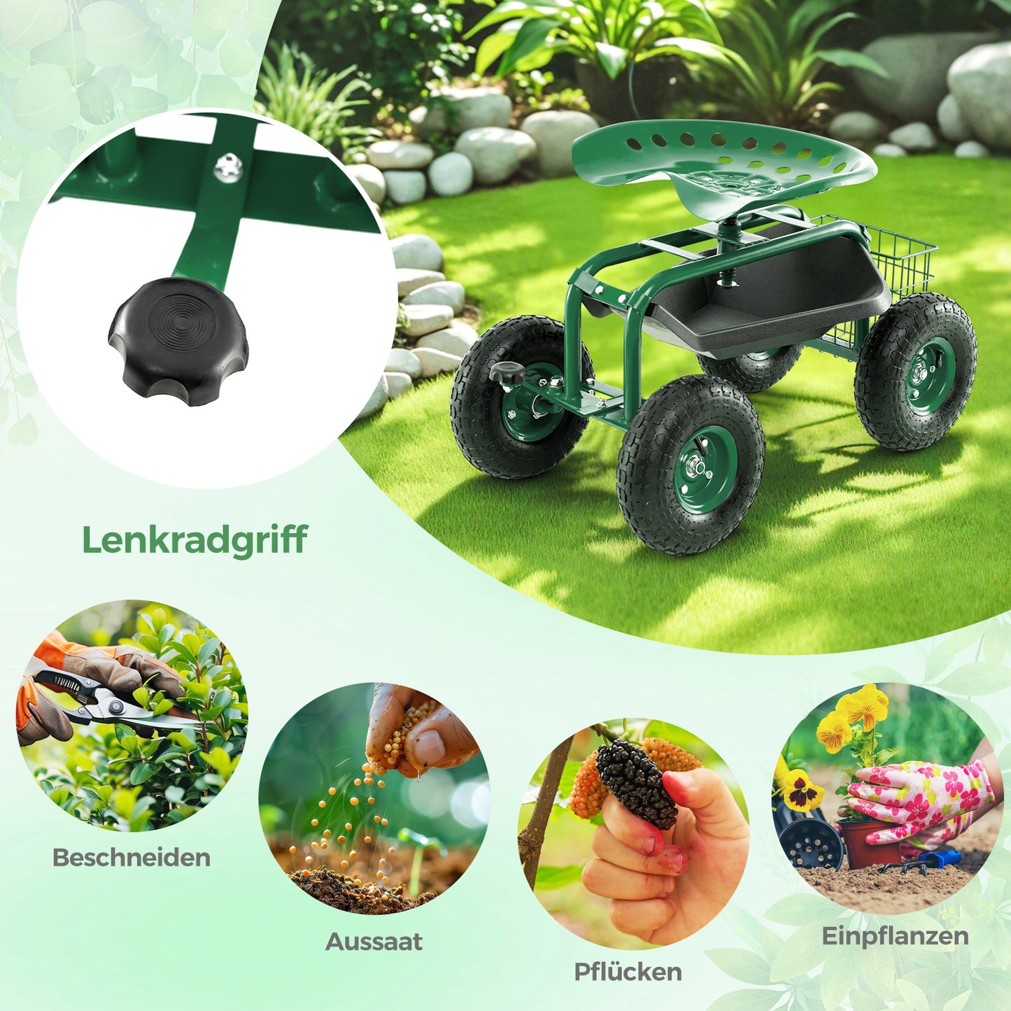 Mobiele Tuinkar – Tuinwagen – Tuinkruk – Tuinstoel – Tuin Karretje – Verstelbare Draaizitting – Stevige Rubberwielen