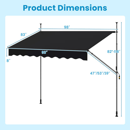 Uitschuifbare Zonwering – Terrasoverkapping – Zonnescherm – Terrasdoek – Balkonzonwering – Aluminium Frame – Verstelbare Hoogte en Hoek – 2,5 x 2,3 Meter