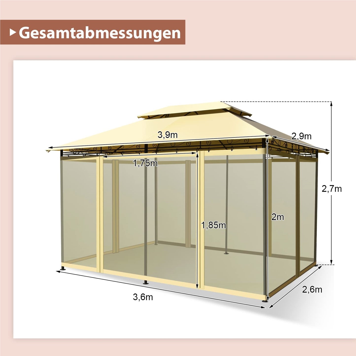 Metalen Tuinpaviljoen – Partytent – Tuintent – Serre – Overkapping – 3x4m – Afneembare Zijwanden – Stevig Stalen Frame – Weerbestendig Polyester – Beige