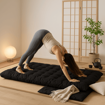 Futonbed – Opvouwbaar Bed – Slaapbank – Logeerbed – Zitzak Bed – Zwart Ruitjesprint – Compact 135x190x10 cm – Lichtgewicht & Draagbaar