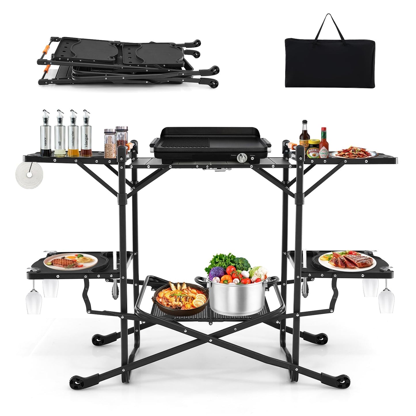 Campingkeuken – Kampeerkeuken – Reiskeuken – Campingkast – Buitenkeuken – Opvouwbaar – Aluminium Werkblad – 4 Inklapbare Zijtafels