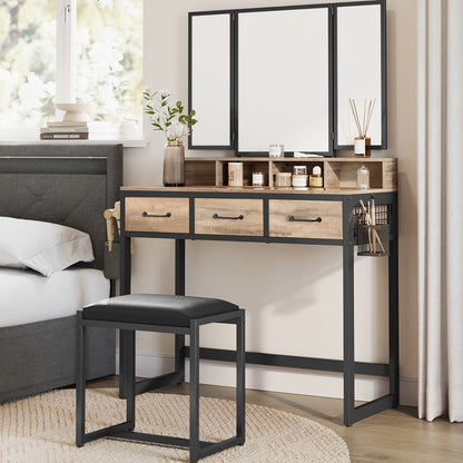 Kaptafel – Make-up Tafel – Cosmetische Tafel – Opmaaktafel – Visagie Tafel – Donker Hout & Zwarte Poten – 3 Laden en Driedelige Spiegel – Ingebouwde Haardrogerhouder – Met Krukje – Ruimtebesparend Design - QUORE