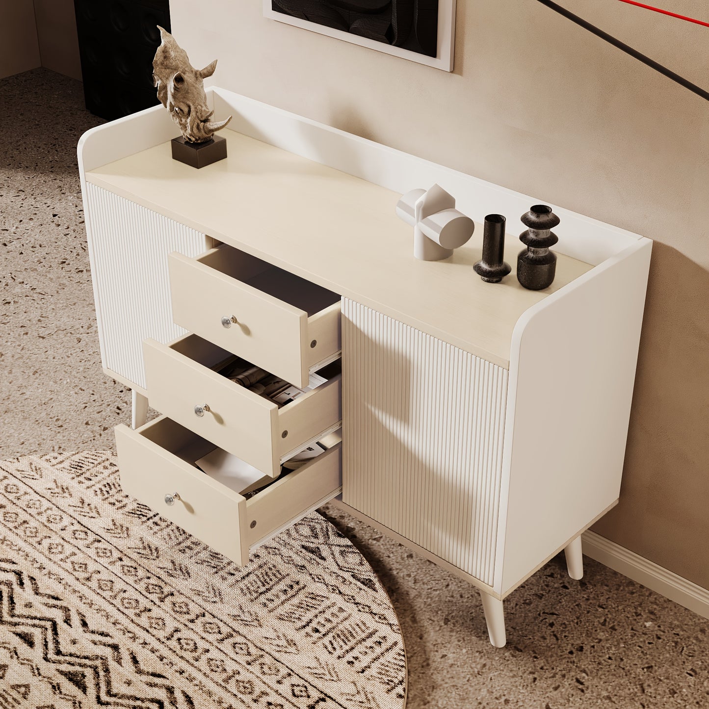 Wandkast – Opbergkast – Dressoir – Kast – Sideboard – Wit Met Natuurlijk Bamboe – 3 Lades Met Ruime Opbergruimte – Compact 117,5 cm