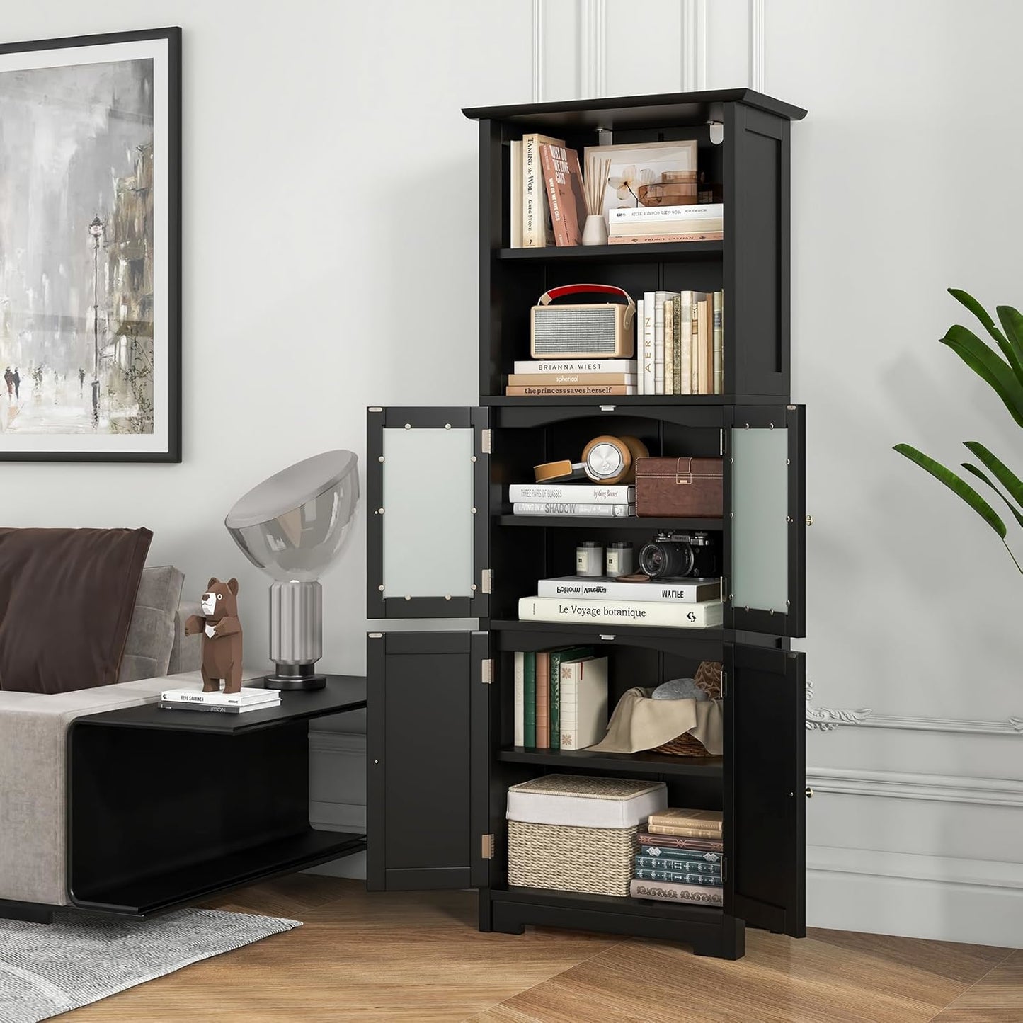 Vitrinekast – Opbergkast – Kasten – Buffetkast – Wandkast – 163 cm Hoog – Mat Zwart Met Veiligheidsglas