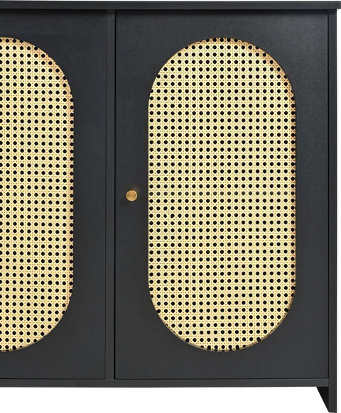 Gutent Dressoir, Zwart, met 3 deuren, Veel Opbergruimte, Kunstrotan Deuren en metalen handgrepen, is een accentstuk in de eetkamer, woonkamer en keuken.