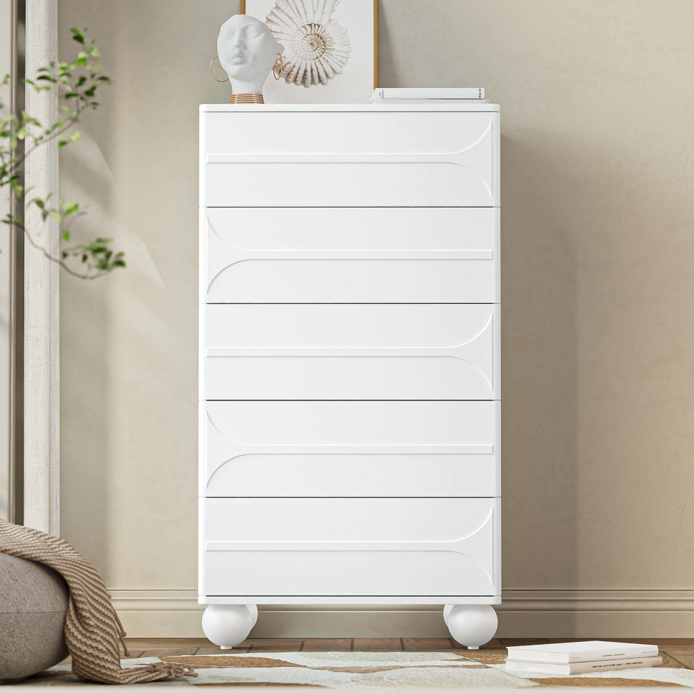 Ladenkast – Ladekast – Commode – Opbergkast – Metalen Kast – Wit – 5 Lades – Modern Relieff Design – Vrijstaand – Afgeronde Hoeken