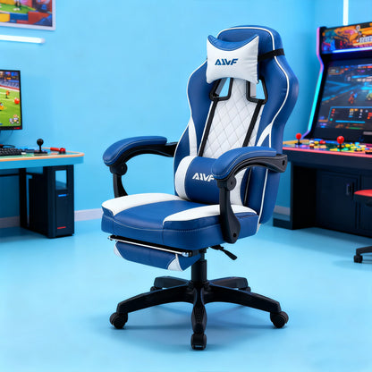 Gamestoel – Gamingstoel – Gaming Chair – Bureaustoel – Game Stoel – Verstelbare Voetensteun – Ergonomische Lendensteun – PU Leer – 360° Draaibaar – Stevig Metaal – Khaki/Wit