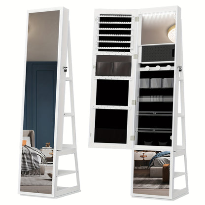 Sieradencabinet – Sieradenkast – Sieradenopberger – Make-up Organizer – Vloerspiegel Kast – Wit Beige – 360° Draaibare Spiegel – Afsluitbaar Met Sleutel