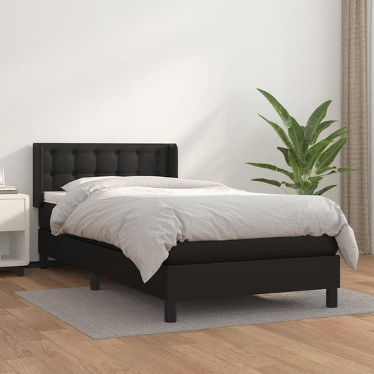 Boxspring Bed – Slaapsysteem – Bedframe – Slaapbank – Eenpersoonsbed – Zwart Kunstleer – Matras 90x190 cm – Metalen Frame & Eenvoudige Montage