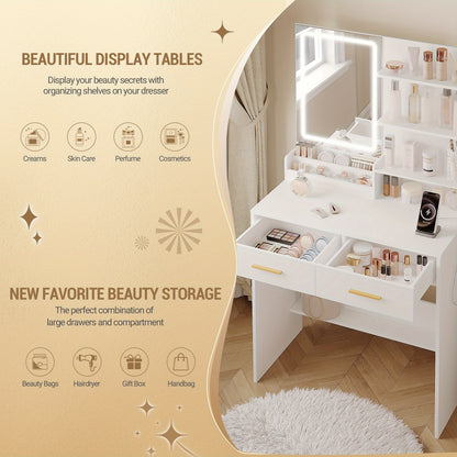 Makeuptafel – Kaptafel – Vanity – Schminktisch – Dressing Table – Met LED-verlichting – 2 Stopcontacten en 2 USB-poorten – 2 Lades en 4 Open Planken – Wit