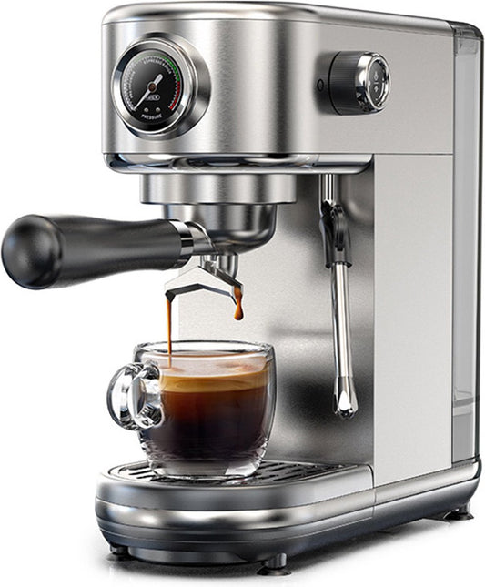 Espressomachine - 20 bar extractiedruk - Halfautomatisch - Instelbare temperatuur en kopjesvolume - 51 mm aluminium handgreep - 1,3 liter verwijderbaar waterreservoir - Zilver