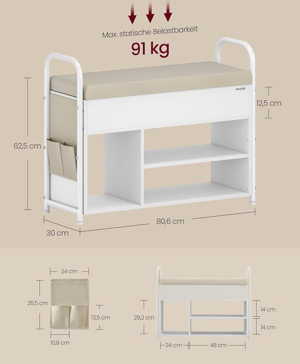 Schoenenbank met zitvlak - schoenenrek - zitbank met opbergruimte onder het deksel - PU-organizer - handgrepen - voor hal - woonkamer - slaapkamer - wolkenwit + cappuccinobeige