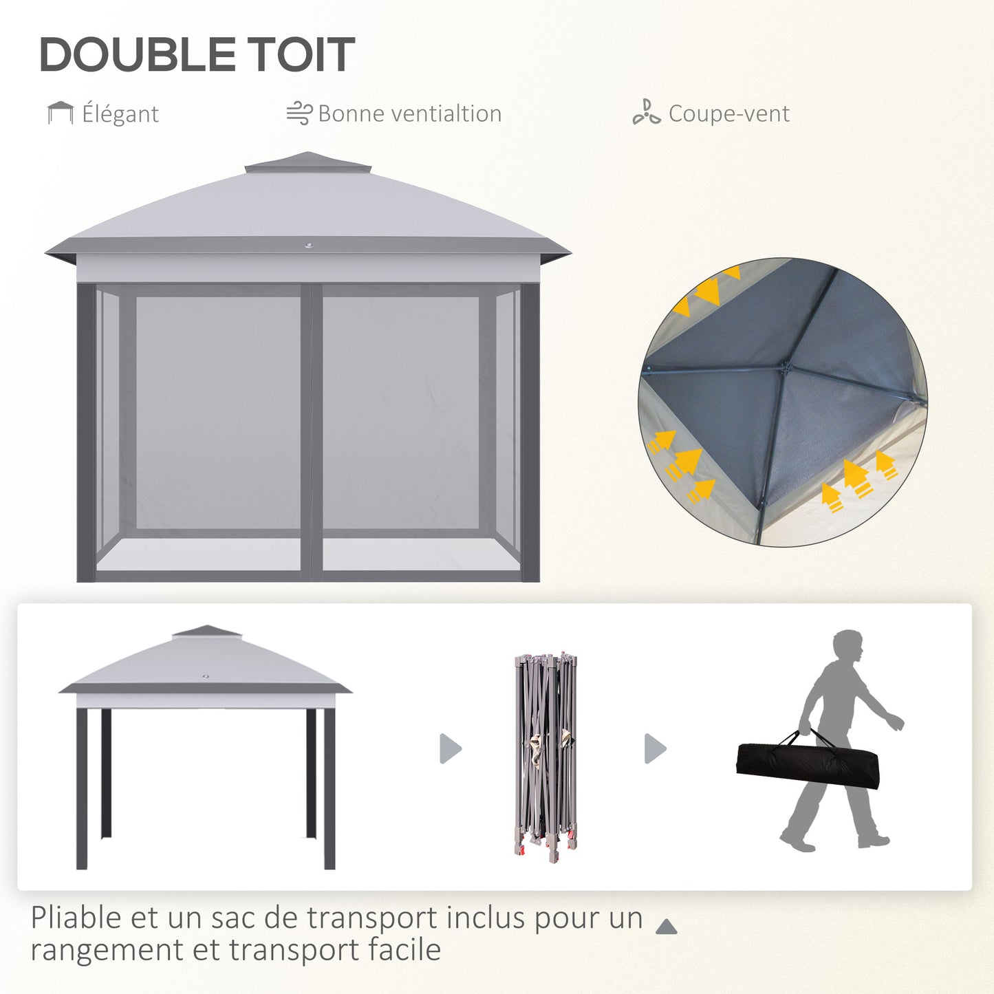Pergola – Tuinkamer – Tuinoverkapping – Partytent – Vouwtent – 3,3 x 3,3 m – Dubbel dak met ventilatie – Inclusief 4 Afneembare Insectennetten