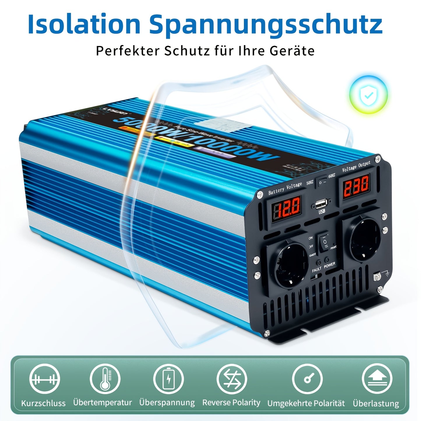Zuivere Sinusgolf Omvormer – Stroomomzetter – Converter – Inverter – Spanningsomzetter – 12V 5000W – 10000W Piekvermogen – Afstandsbediening & LED-Display