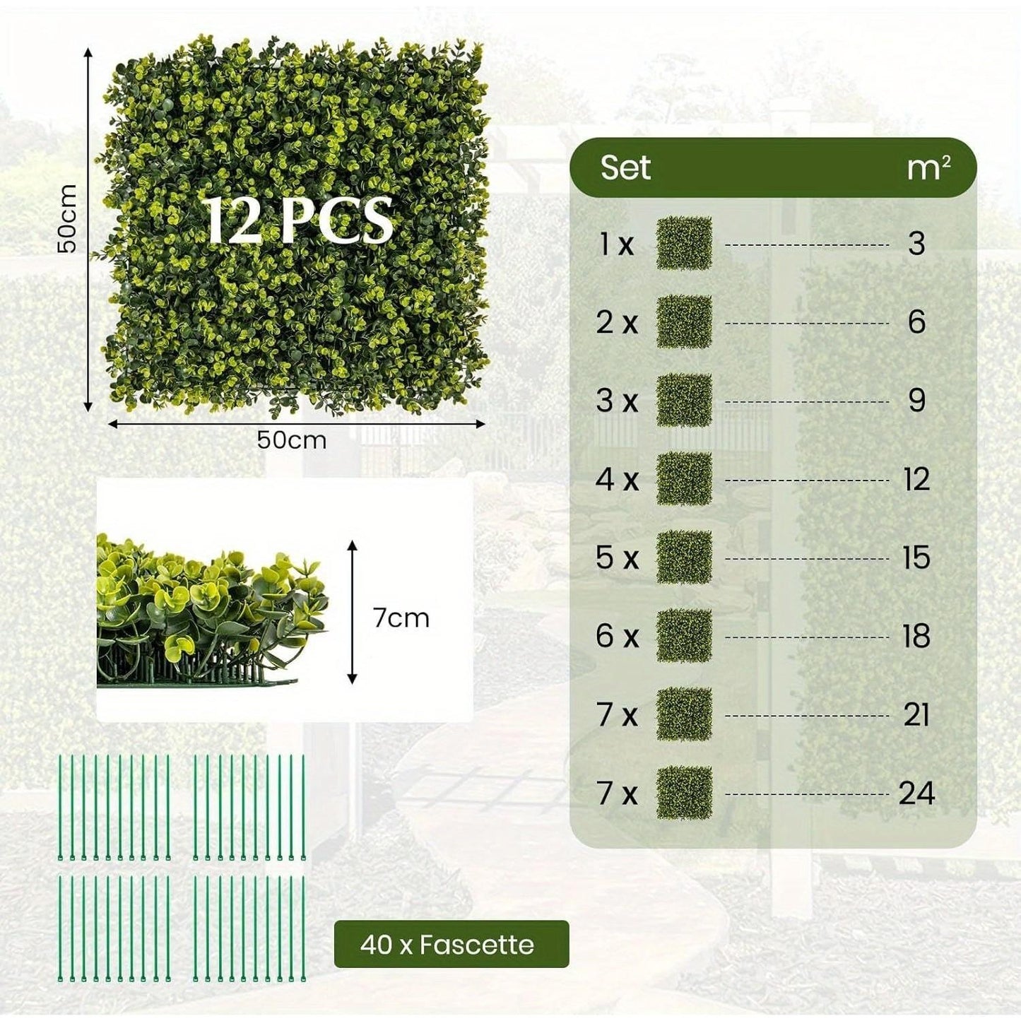 12pcs UV-Protected Artificial Boxwood Wall Panels, 50x50cm - Lush Green Faux Hedge for Privacy & Decor, Cut-to-Size, Waterproof & Maintenance-Free, Includes Cable Tie Pack & User Manual, Indoor Greenery Decor | Lush Green Wal