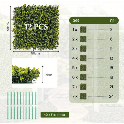 12pcs UV-Protected Artificial Boxwood Wall Panels, 50x50cm - Lush Green Faux Hedge for Privacy & Decor, Cut-to-Size, Waterproof & Maintenance-Free, Includes Cable Tie Pack & User Manual, Indoor Greenery Decor | Lush Green Wal