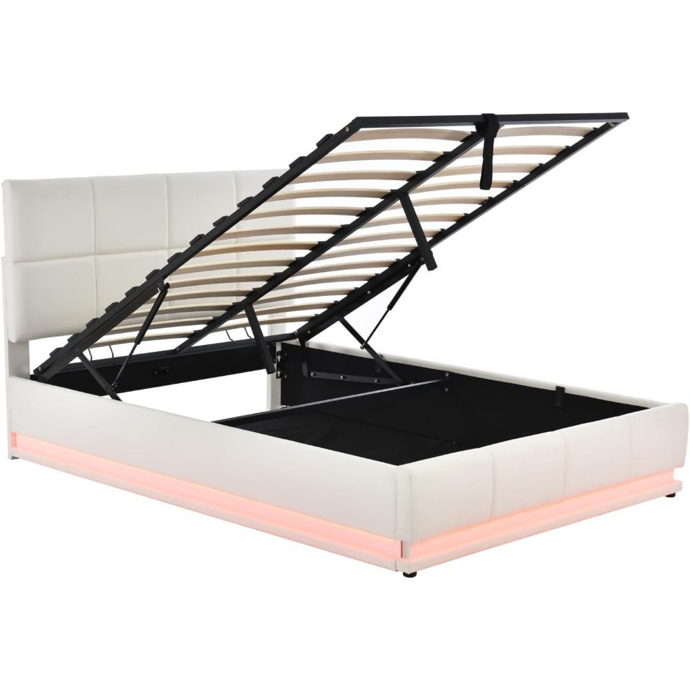 Tweepersoonsbed – Opbergbed – Boxspringbed – Led Bed – Kunstleren Bed – Wit – Met LED-Verlichting – 35 cm Opbergruimte