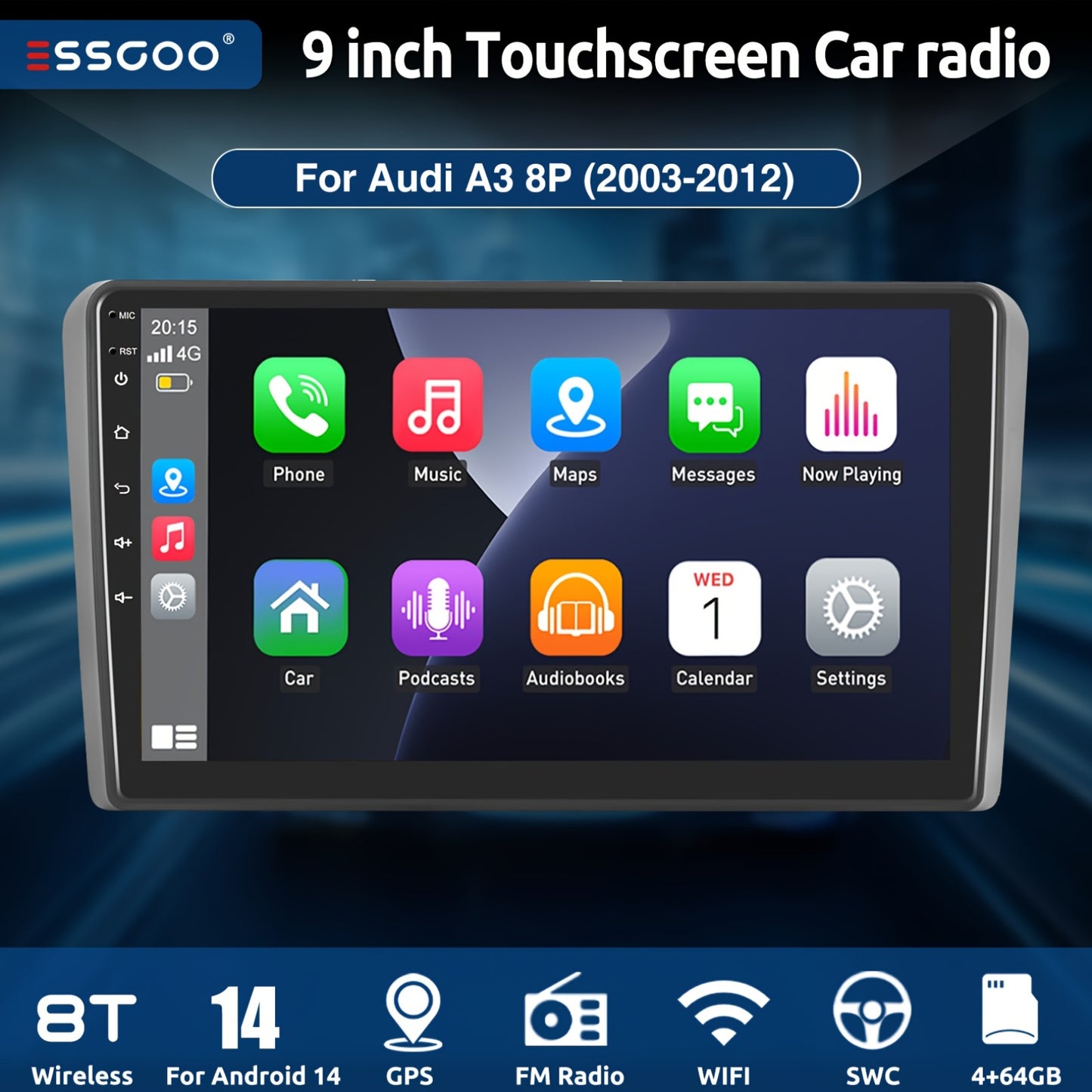 ESSGOO Wireless Carplay und Android AutoATORADIO for AUDI A3 S3 RS3 2008-2012, 22.86 cm Touchscreen with B-T Radio, Android 14 FM RDS GPS USB WiFi Navigation, Incar Connectivity, Car Entertainment System, Sleek Dashboard Unit