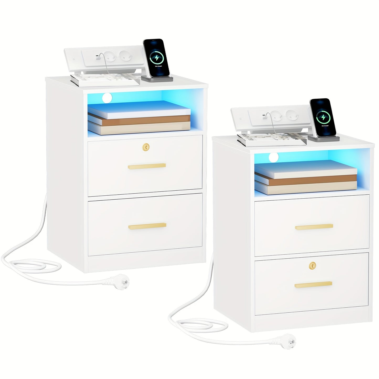 Bedside Table Set Of 2, 1 Open Compartment And 2 Drawers, For Bedroom, Living Room