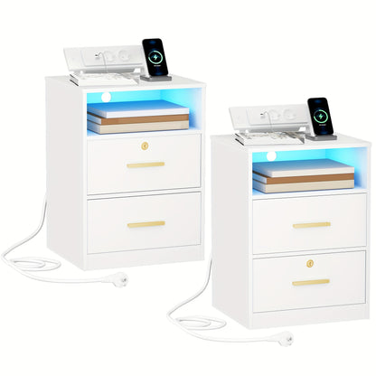 Bedside Table Set Of 2, 1 Open Compartment And 2 Drawers, For Bedroom, Living Room