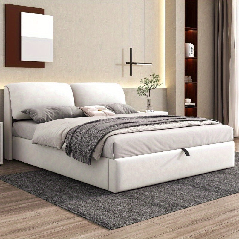 Opbergbed – Opbergbedframe – Hydraulisch Bed – Gestoffeerd Bed – Tweepersoonsbed – 180x200 cm – Beige Fluweel – Met Hoofdeinde & 3 Metalen Lades – Lattenbodem Zonder Matras