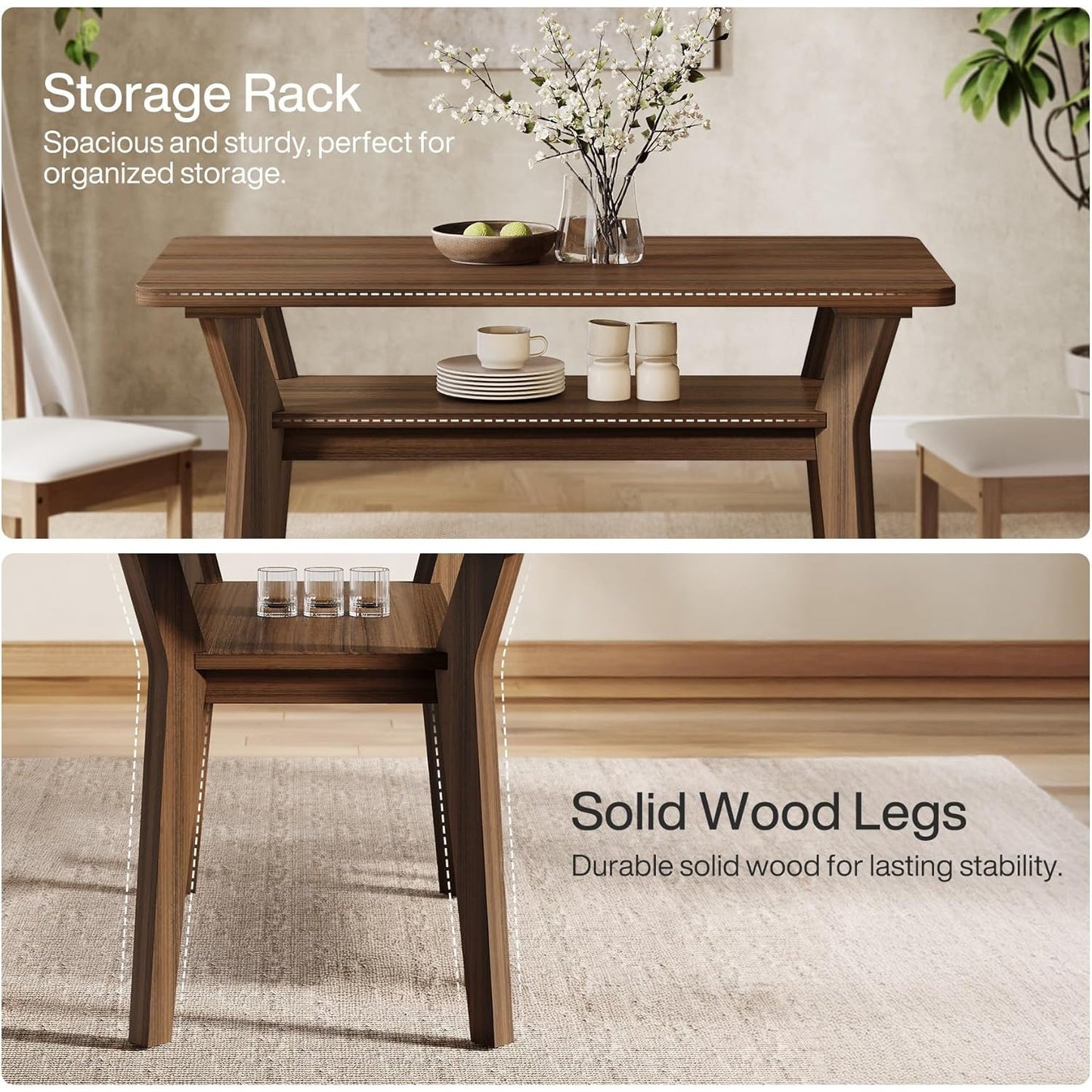 47-inch-modern-farmhouse-dining-table-for-4-with-2-tier-storage---solid-wood-legs--engineered-wood-top-walnut-large-rectangle-kitchen-table-for-dining-room--living-room-easy-assembly-required-space-saving-design-with-lower-shelf-contemporary-s