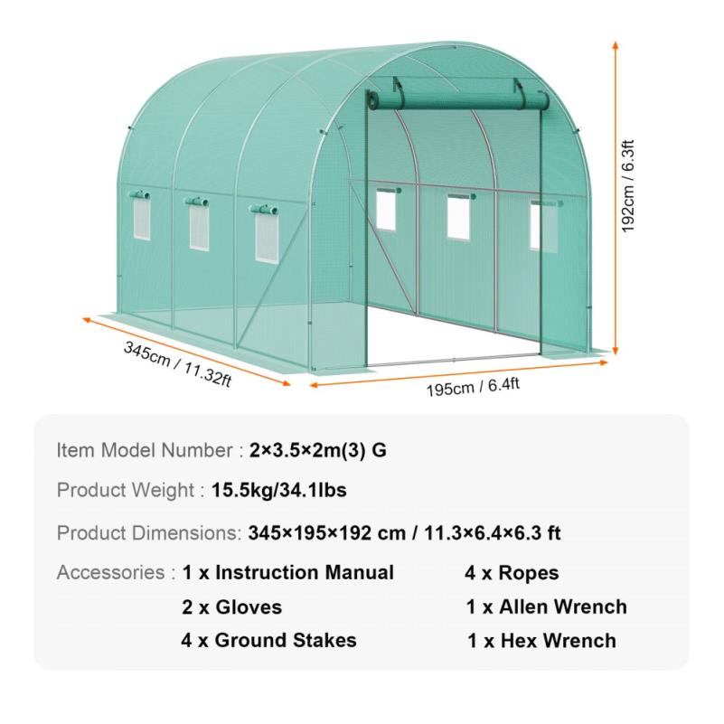 Kas – Kweekkas – Tuinkas – Broeikas – Wandelkas – Gegalvaniseerd Stalen Frame – Weerbestendige Groene PE Overkapping – 11,32x6,4x6,9 m – Compact Wandelontwerp