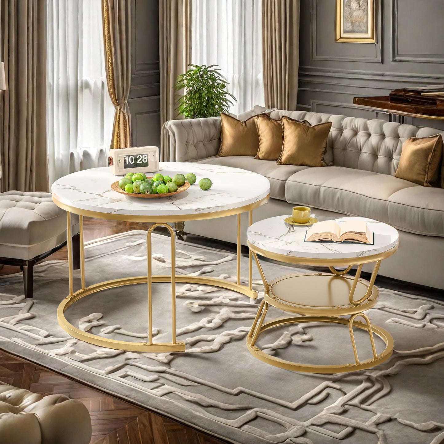 Salontafel – Bijzettafel – Koffietafel – Tafeltje – Ronde Salontafel Set – Gouden Metaal Frame – Marmer Effect Tafelblad – Stapelbaar – Lichtgewicht