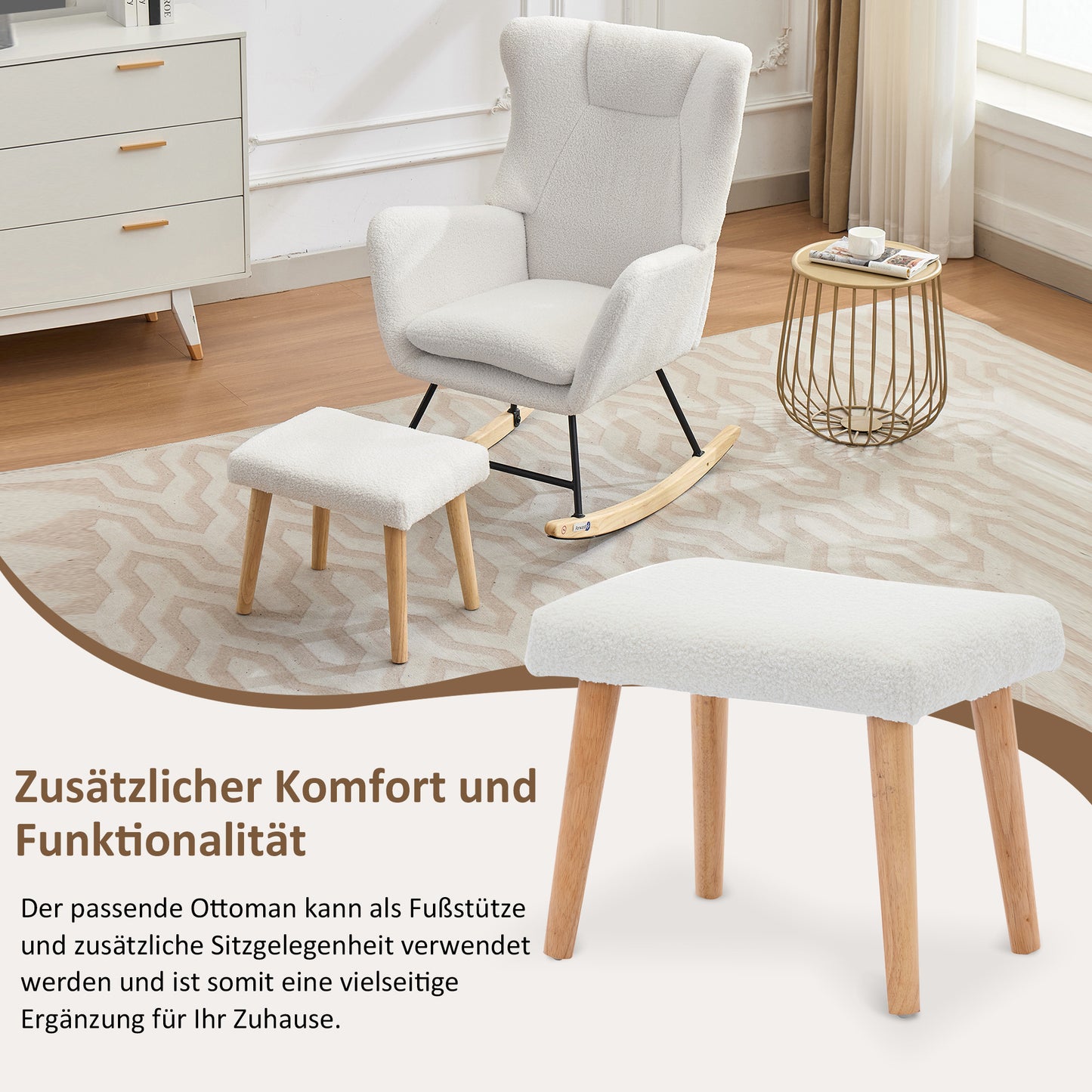 Schommelstoel – Schommelstoel Met Voetenbank – Relaxstoel – Fauteuil – Lounge Stoel – Ergonomisch Ontwerp – Zachte Teddy Bekleding – Wit – 30° Schommelbeweging – Afneembaar Kussen