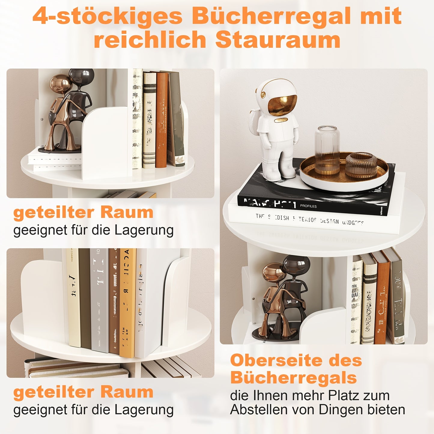 Boekenplank – Boekenrek – Wandplank – Boekenkast – Wandrek – 4 Lagen – 360° Draaibaar Met Remwielen – Wit MDF – Stevig & Gemakkelijk Te Monteren