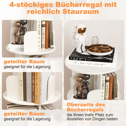 Boekenplank – Boekenrek – Wandplank – Boekenkast – Wandrek – 4 Lagen – 360° Draaibaar Met Remwielen – Wit MDF – Stevig & Gemakkelijk Te Monteren