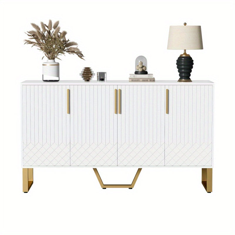 Dressoir – Ladekast – Opbergkast – Buffetkast – Kast – Hoogglans Wit – 4 Deuren – Metaal Handvatten & Poten – Geometrisch Design – 140x40x80 cm