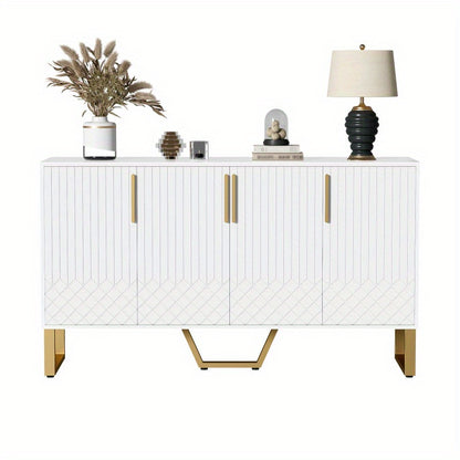 Dressoir – Ladekast – Opbergkast – Buffetkast – Kast – Hoogglans Wit – 4 Deuren – Metaal Handvatten & Poten – Geometrisch Design – 140x40x80 cm
