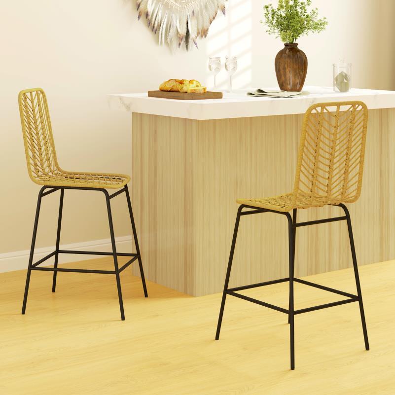 Bohemian Barkruk – Barstoel – Barkrukje – Hoekstoel – Hoge Kruk – Gele Rugleuning – PE Rotan Vlechtwerk – Zwart Metalen Frame – Weerbestendig – Comfortabel