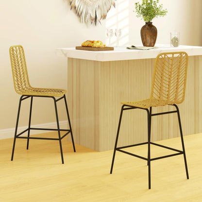 Bohemian Barkruk – Barstoel – Barkrukje – Hoekstoel – Hoge Kruk – Gele Rugleuning – PE Rotan Vlechtwerk – Zwart Metalen Frame – Weerbestendig – Comfortabel