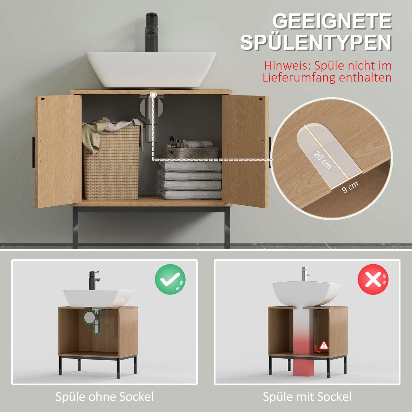 Badmeubel – Wastafelkast – Onderkast – Opbergkast – Badkamerkast – Boho Stijl met Rattan – U-Vormige Uitsparing – Eikenhout Afwerking