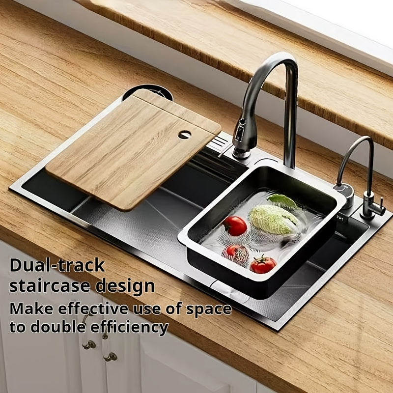 Digitale Keukenkraan – Keukenmengkraan – Waterval Kraan – Pull-Down Kraan – Uittrekbare Kraan – Grote Afmetingen 75x45 cm – Roestvrij Staal & Vacuüm Afvoersysteem