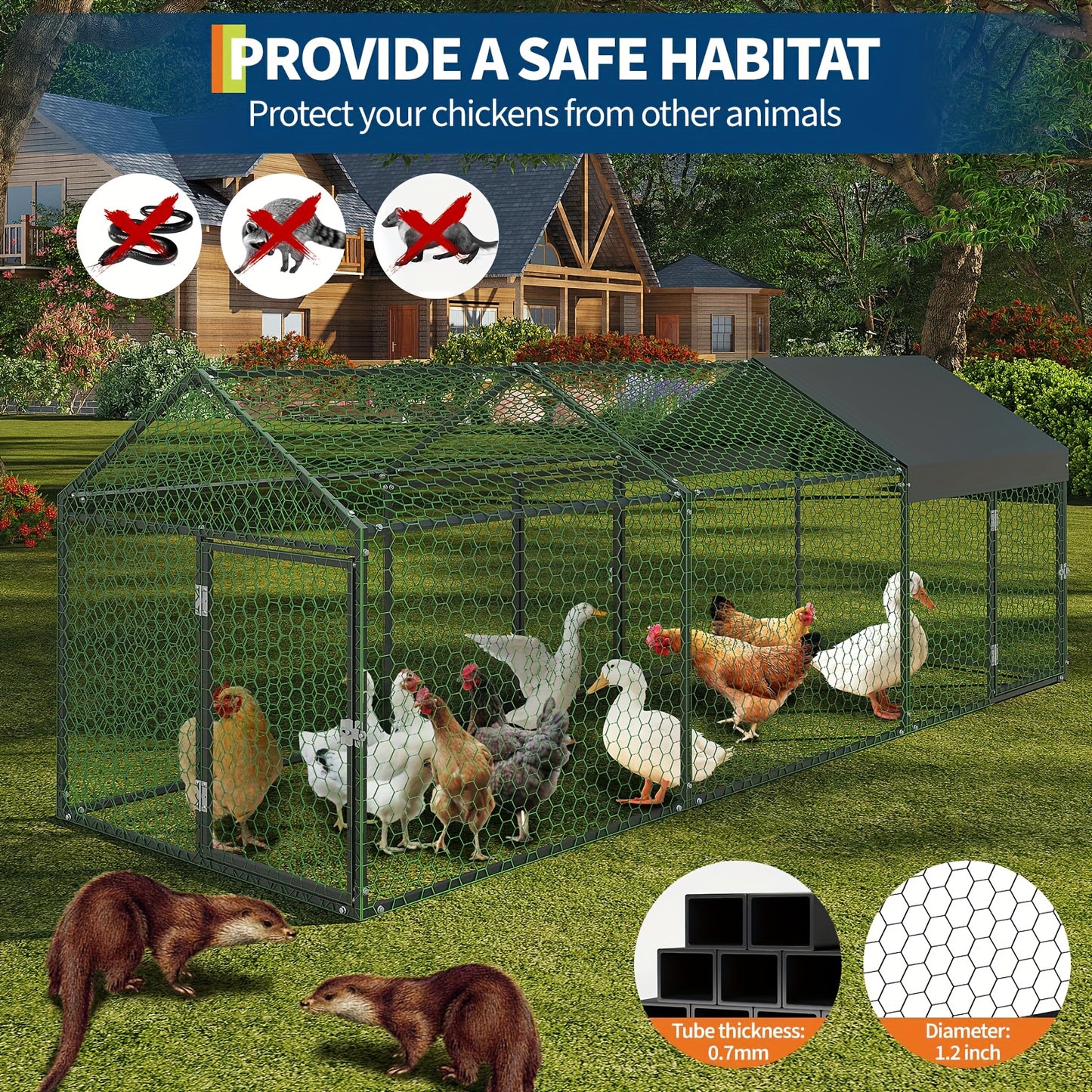 Extra Large Heavy-Duty Metal Chicken Coop with Waterproof UV-Resistant Roof - Extra Long 3.05meter (3.05meter) Run, Walk-In Door & Internal Partition - Spacious 101.6cmWx101.6cmH Poultry Cage for Chickens, Ducks, Geese, Rabbi