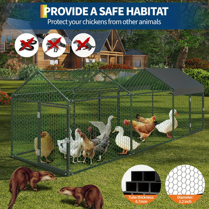 Extra Large Heavy-Duty Metal Chicken Coop with Waterproof UV-Resistant Roof - Extra Long 3.05meter (3.05meter) Run, Walk-In Door & Internal Partition - Spacious 101.6cmWx101.6cmH Poultry Cage for Chickens, Ducks, Geese, Rabbi