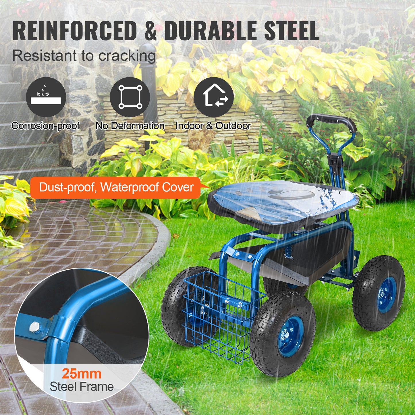 Tuinstoel – Tuinrolstoel – Werkkruk – Tuinkruk – Verrijdbare Stoel – 360° Draaibaar – Stalen Frame met Opbergmand – 10-Inch Luchtbanden