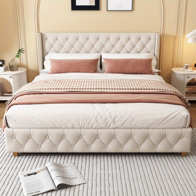 Polsterbed – Bedframe – Slaapbed – Bed – Ledikant – Metalen Frame – 160x200 cm – Linnen Bekleding met Knopen