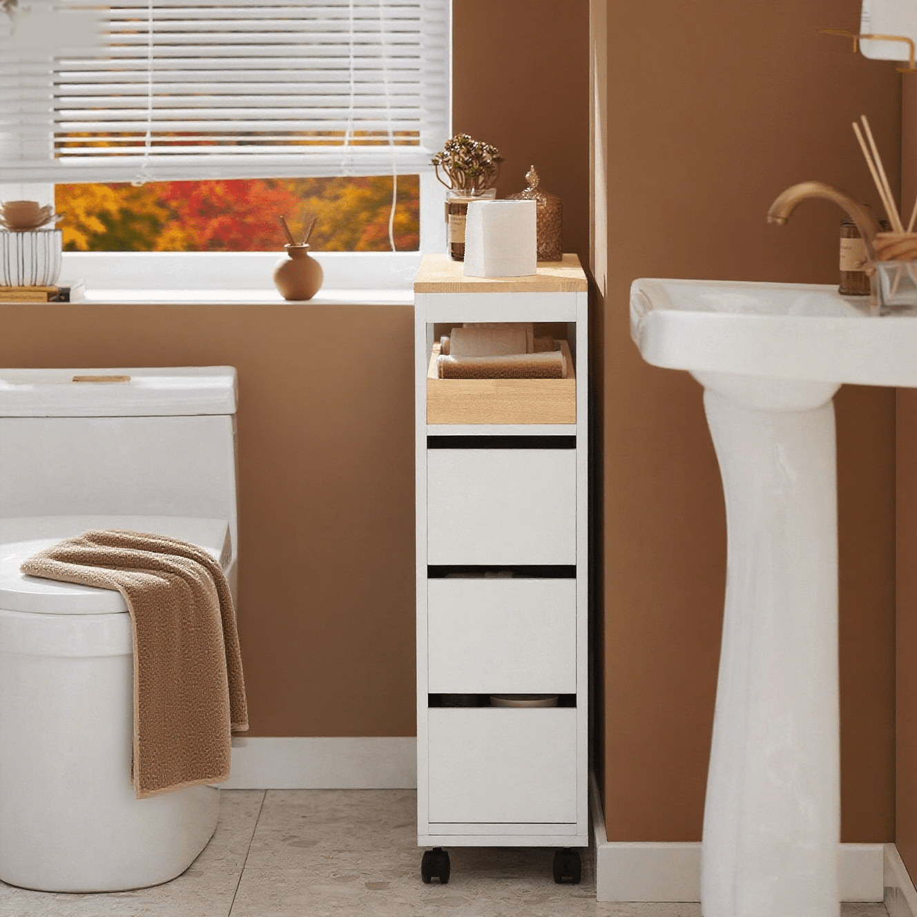 Badkamerkast – Badkamermeubel – Opbergkast – Kolomkast – Ladekast – Compact 65x23x82 cm – MDF Met Bamboe Blad