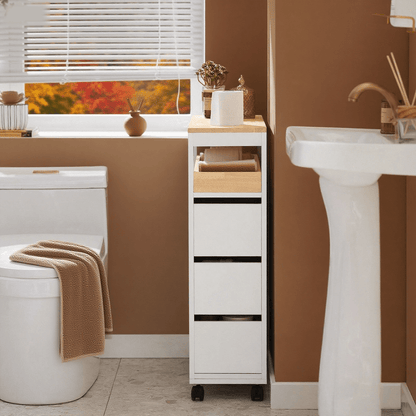 Badkamerkast – Badkamermeubel – Opbergkast – Kolomkast – Ladekast – Compact 65x23x82 cm – MDF Met Bamboe Blad